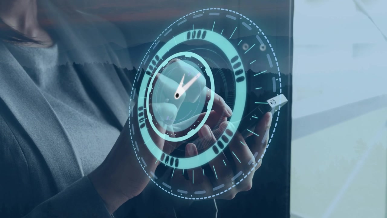 Animation of processing circle over hands of caucasian businesswoman using tablet