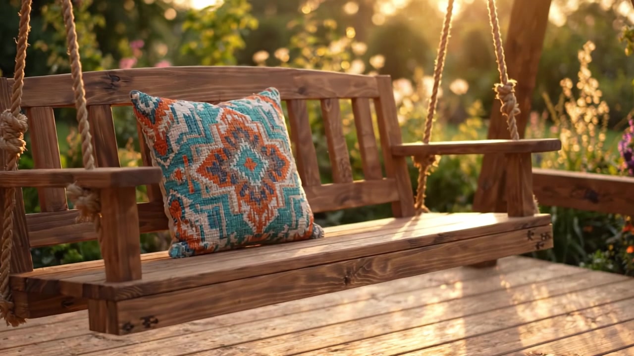 Una Serena Altalena a Panca in un Giardino, Abbracciata dalla Calda Luce del Sole e Accentuata da un Cuscino Decorativo Vibrante, Invitando alla Pace e al Relax