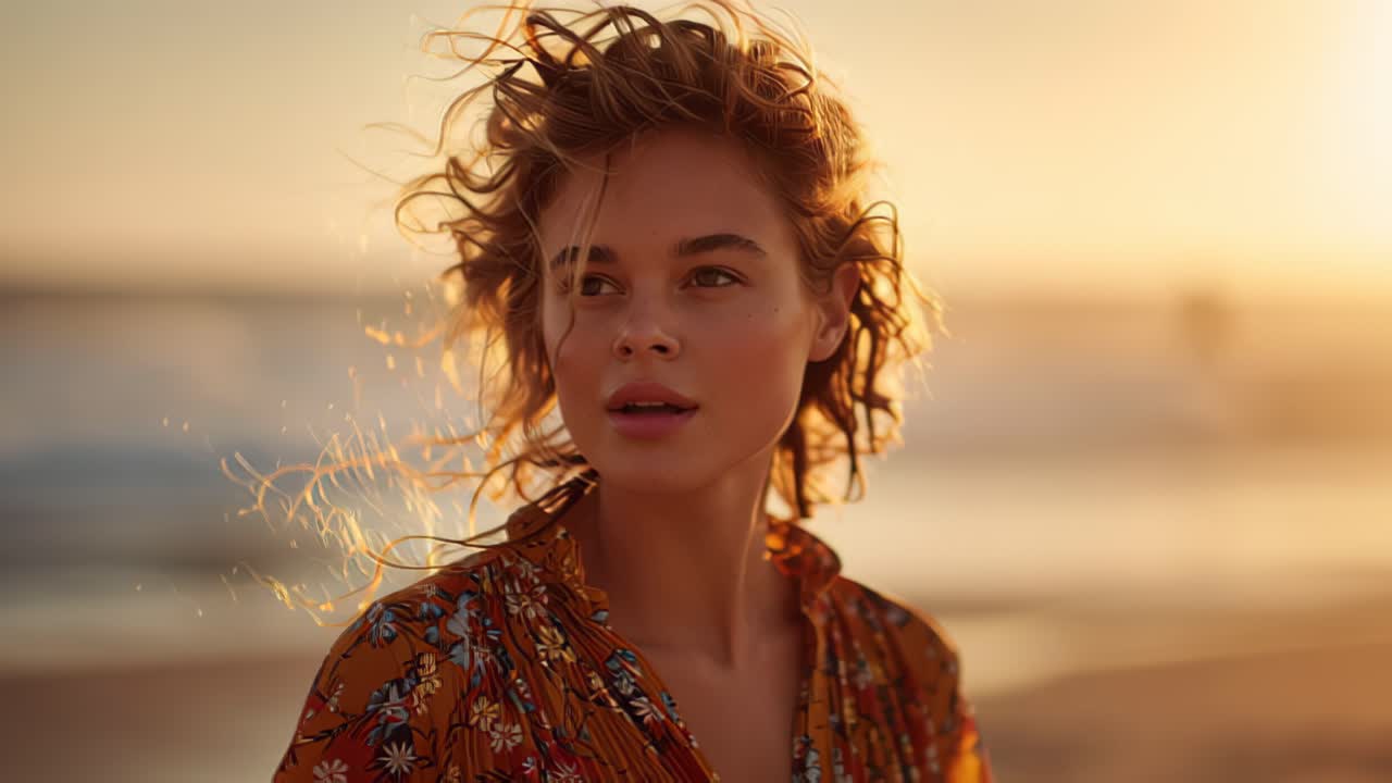 Filmato sereno al rallentatore di una giovane donna con capelli ricci che cammina lungo una spiaggia all'ora d'oro, con la calda luce del tramonto che le illumina il viso e i capelli, evocando libertà, estate e contemplazione.
