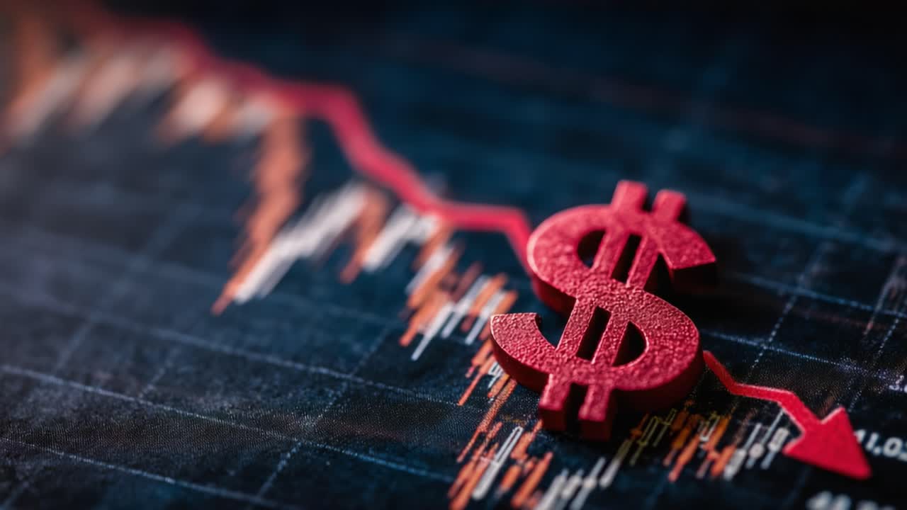 Visual Representation of Financial Decline: An Analysis of Market Trends Displaying Dollar Symbol amidst a Downward Trajectory Highlighted by a Red Graph Line