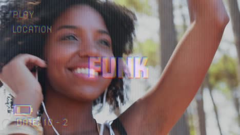 animation of funk text on video camera screen with digital interface filming woman with earphones