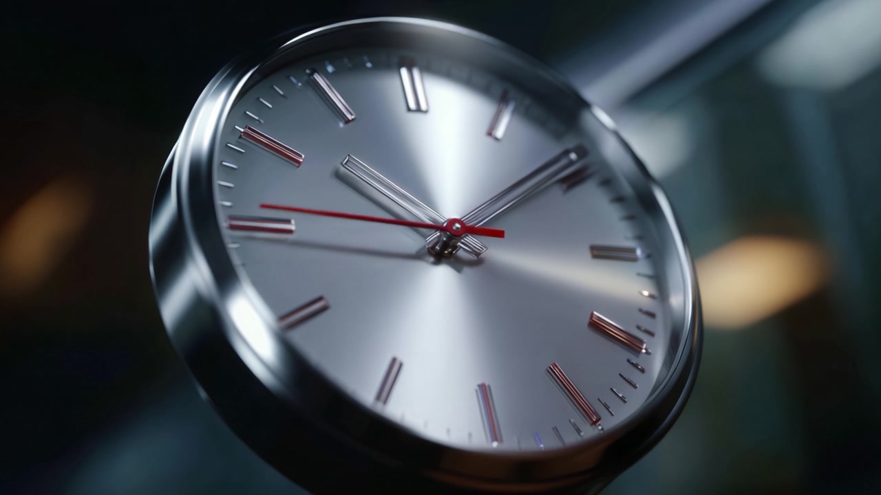 Un primo piano contemporaneo di un orologio d'argento elegante e raffinato con un quadrante accattivante e lancette rosse distinte che mostrano il passare del tempo con un design elegante.