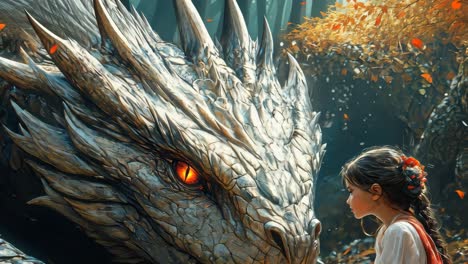 young girl sits peacefully with a majestic dragon in an autumn forest