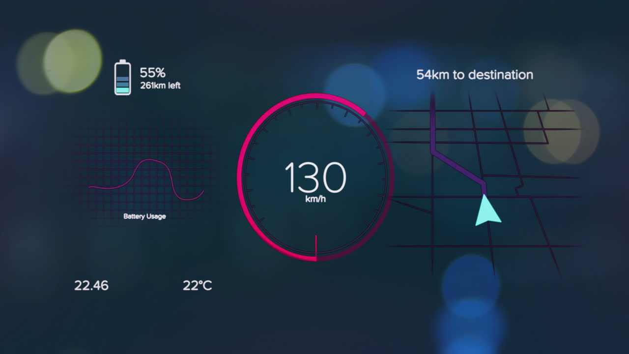 Animation of battery icon, changing numbers in loading circle, navigation pattern over lens flares