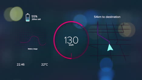 animation of battery icon, changing numbers in loading circle, navigation pattern over lens flares