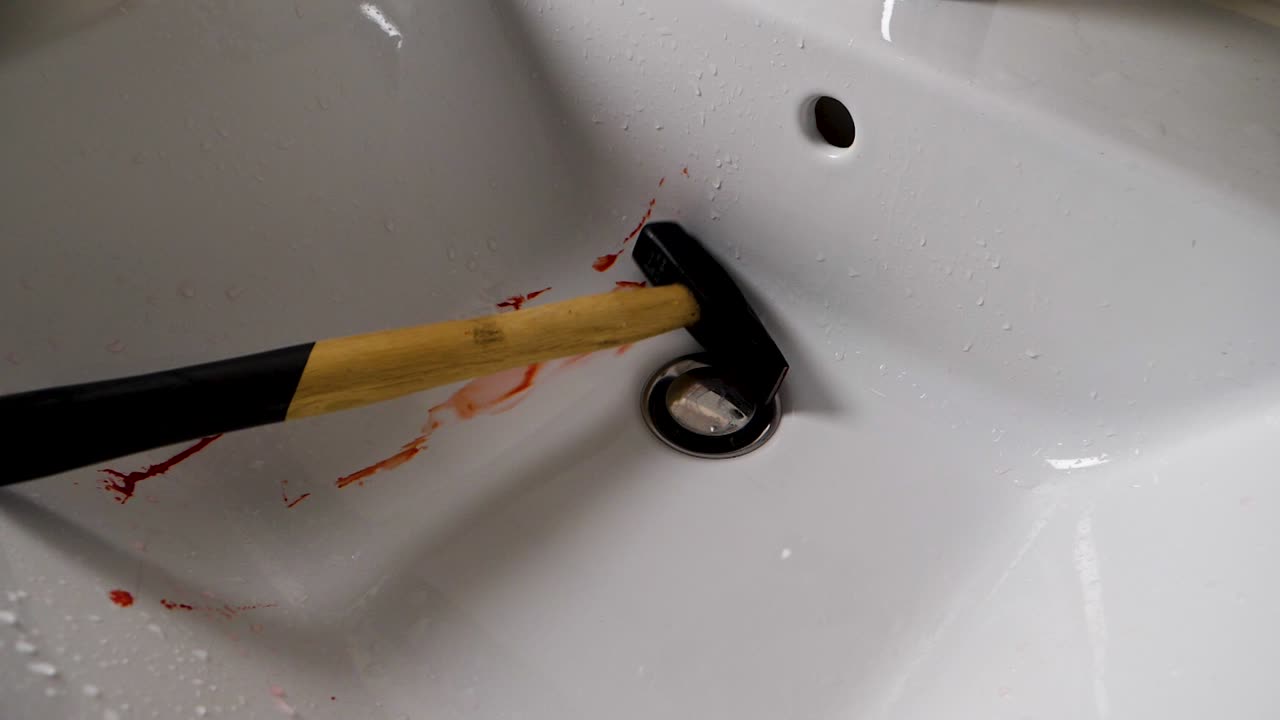 A hummer covered in the fresh blood slipping into the bathroom sink