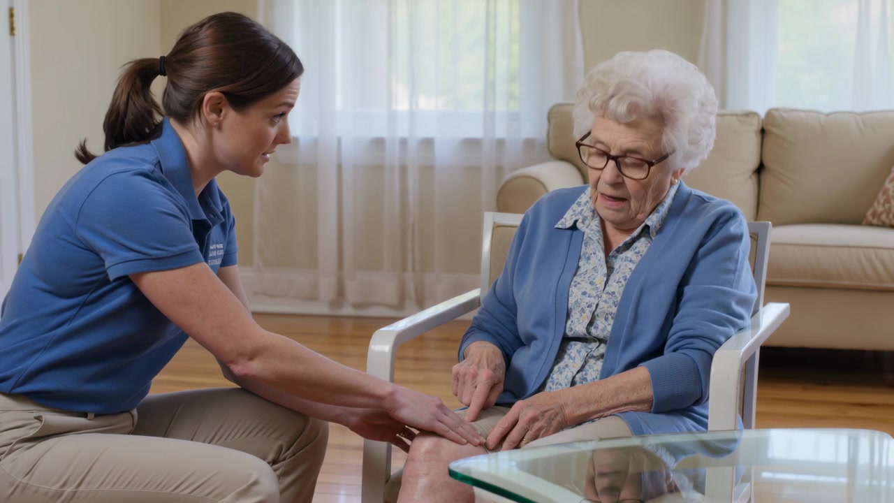 Anziano che indica e tocca il ginocchio, assistente inginocchiato che controlla il dolore a casa, indossando una polo blu.