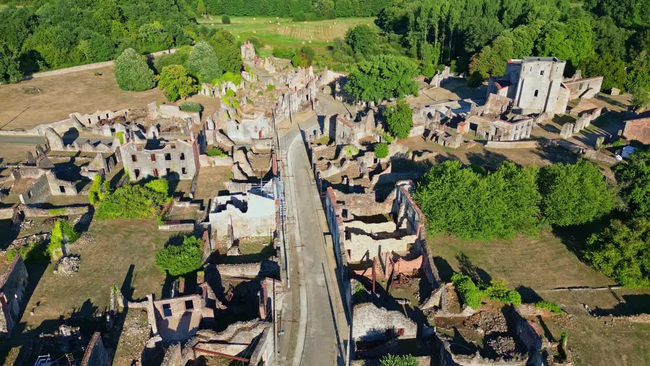 Village of Oradour-sur-Glane, France. Aerial drone backward