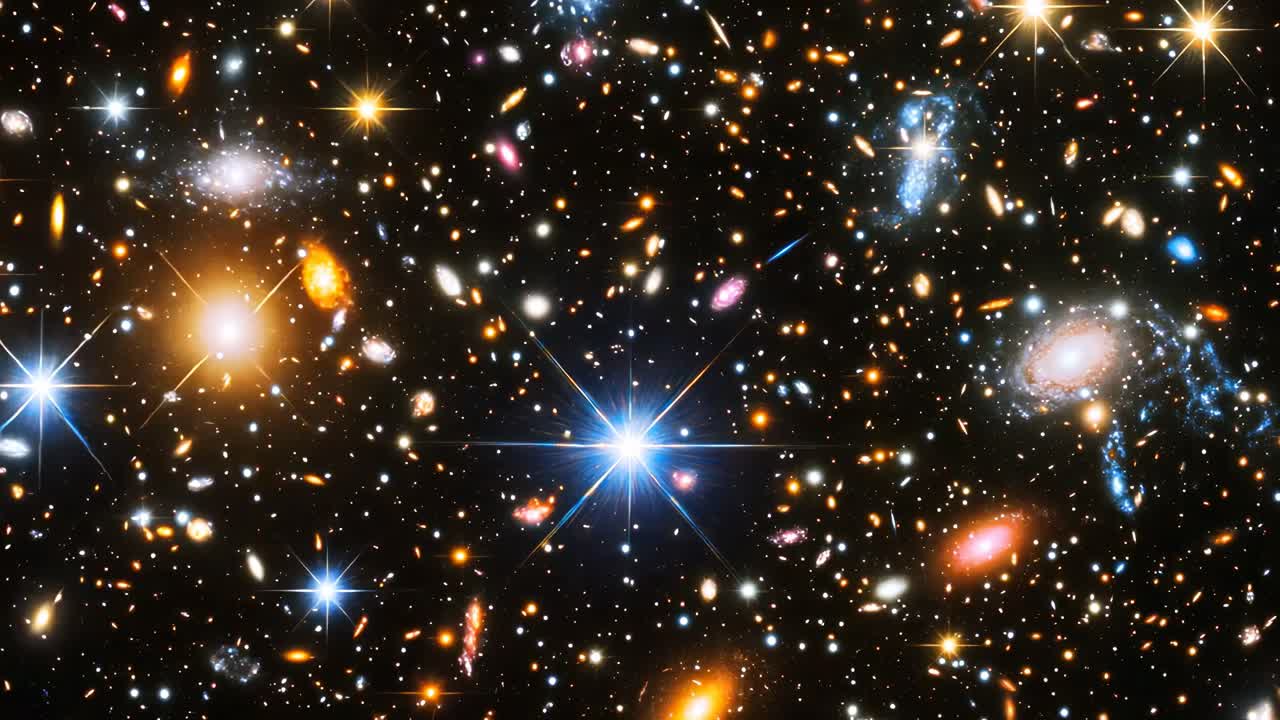 A cosmic video scene with a wide-angle view of a vibrant galaxy cluster, showcasing bright stars
