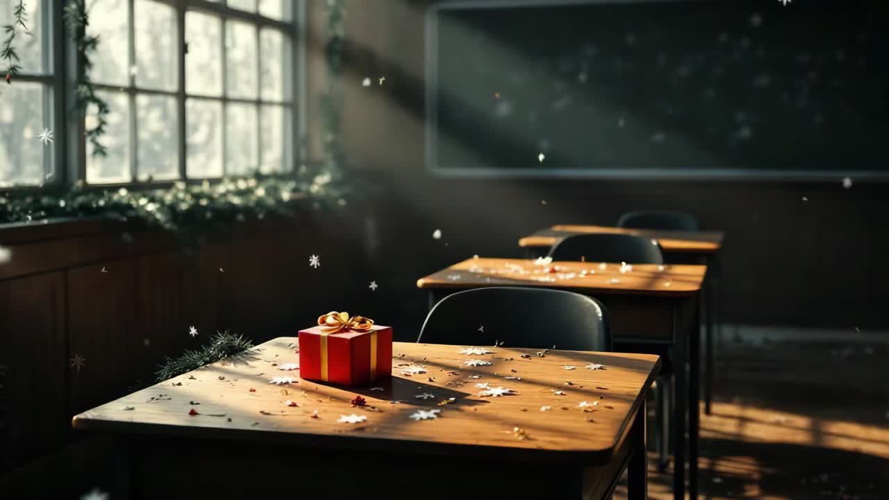 Gift box on wooden desk in sunlit classroom with festive decorations and falling snowflakes