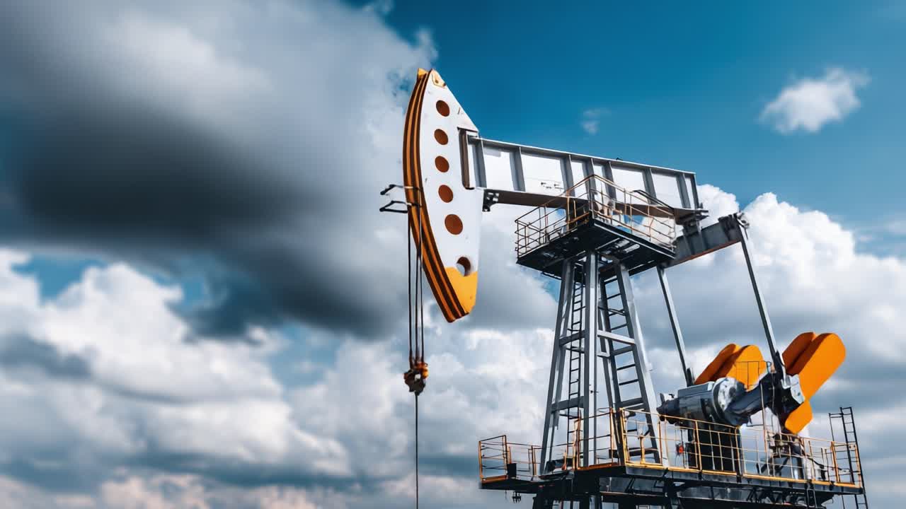 An Industrial Oil Pump Jack Operating Under Cloudy Skies, Showcasing the Machinery and Its Functionality in Extracting Natural Resources Efficiently