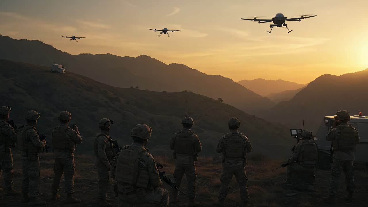 Military Personnel Conducting Aerial Surveillance Operations with Drones at Sunset Amidst Mountainous Terrain in a High-Alert Environment
