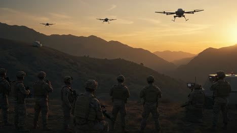 military personnel conducting aerial surveillance operations with drones at sunset amidst mountainous terrain in a high-alert environment