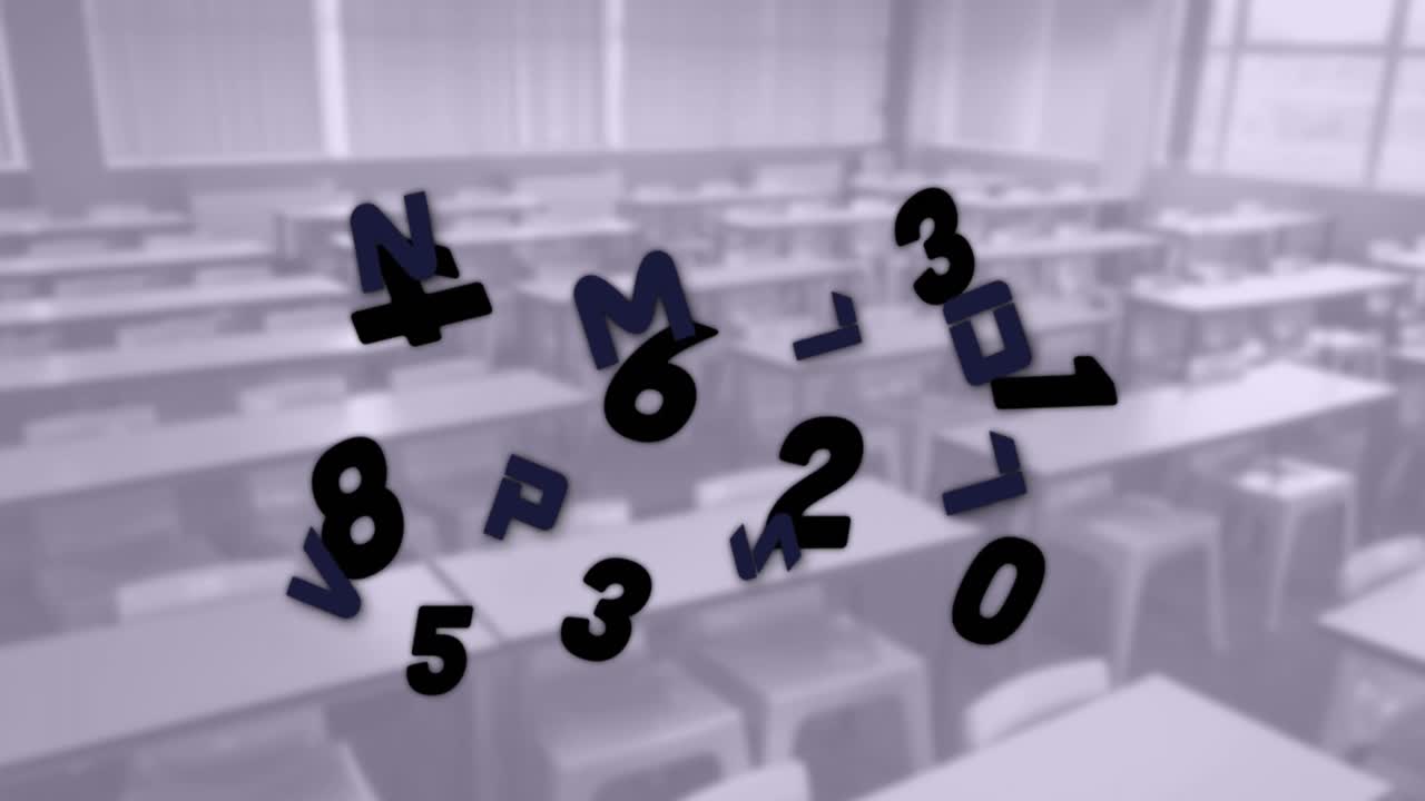 Composizione digitale di numeri e alfabeti mutevoli che fluttuano con aula vuota sullo sfondo