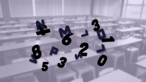 Digital-composition-of-changing-numbers-and-alphabets-floating-against-empty-classroom