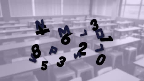composición digital de números y alfabetos cambiantes flotando contra el aula vacía