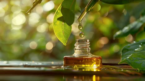 essential oil droplet on leaves