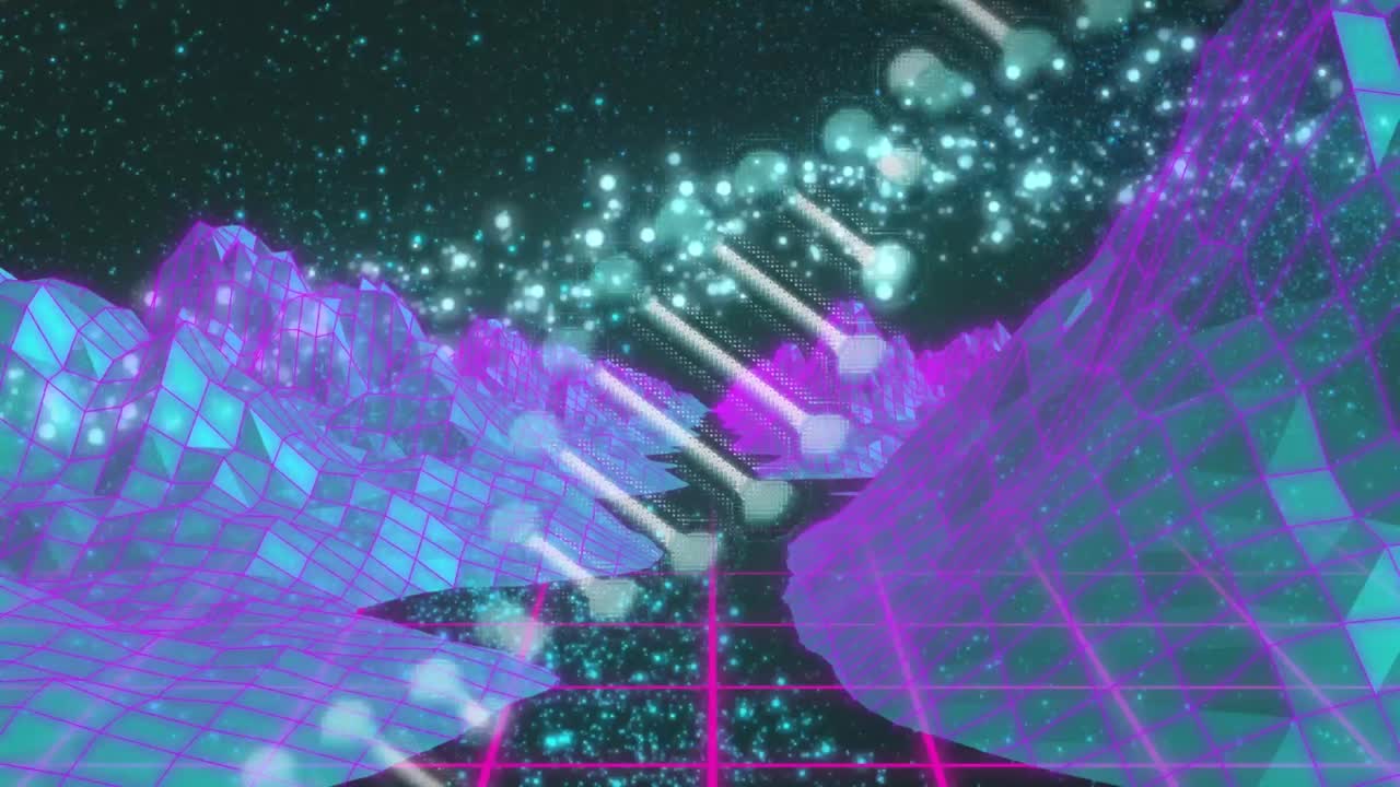 dna 나선의 애니메이션과 블랙 배경에 디지털 산과 함께 비행 렌즈 플레어