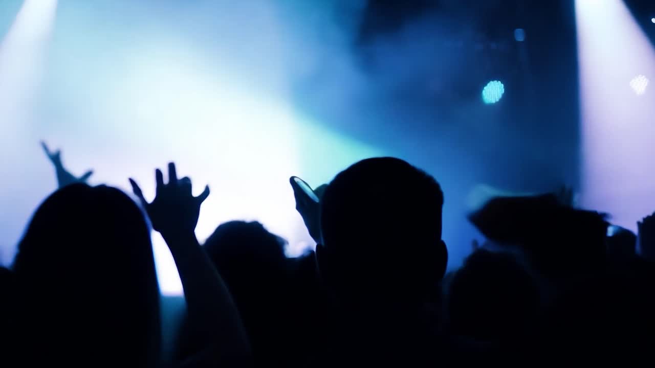 Una folla di persone a un concerto, con le mani alzate, stagliate contro le luci intense del palco