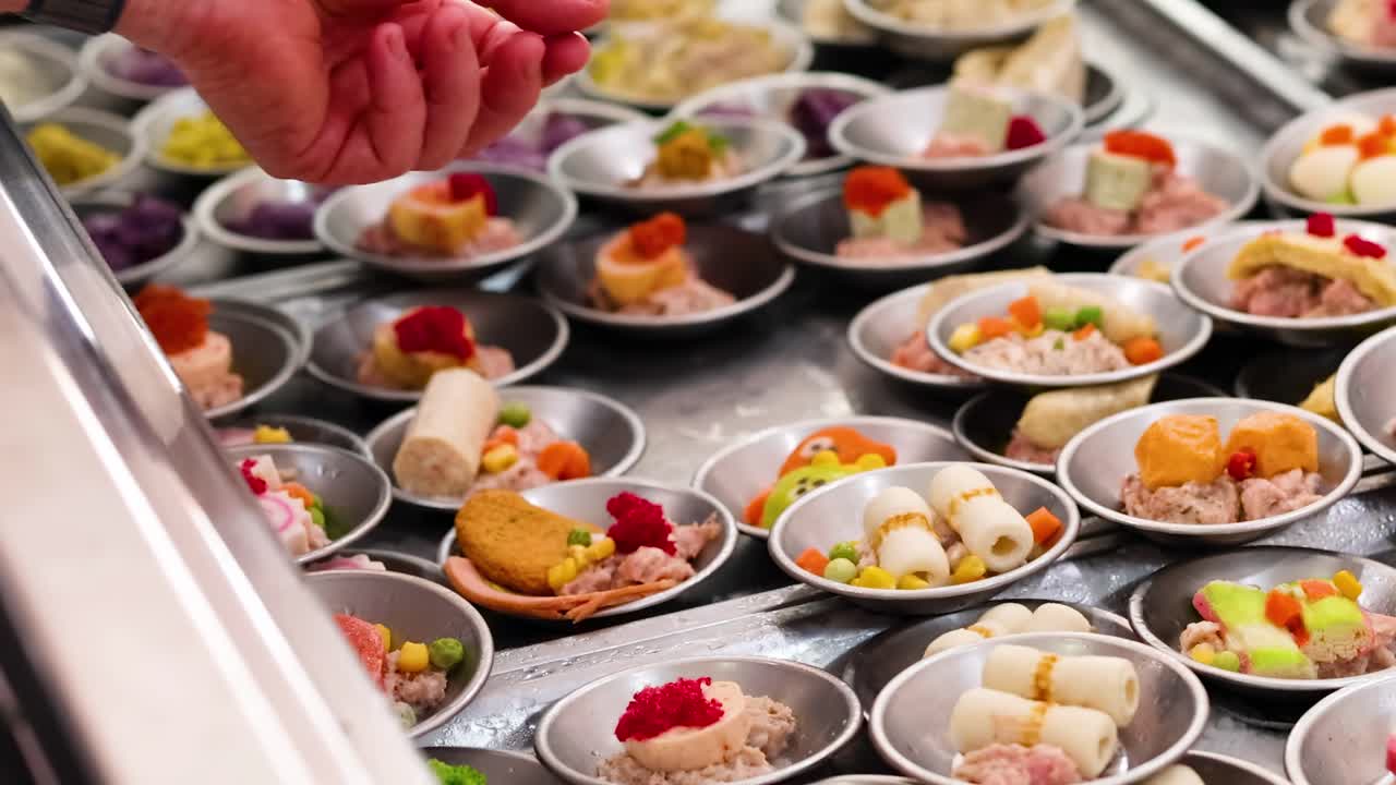 A person selects dim sum from a vibrant array at a Phuket market. Bright lighting enhances the colorful presentation