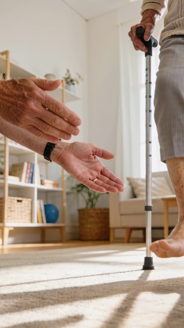 Video verticale: Un aiuto guida stabilizza un anziano che, con un bastone, sposta il piede su un tappeto del soggiorno.