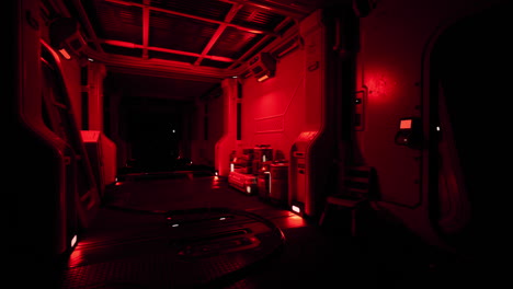 dark and red-lit spaceship corridor