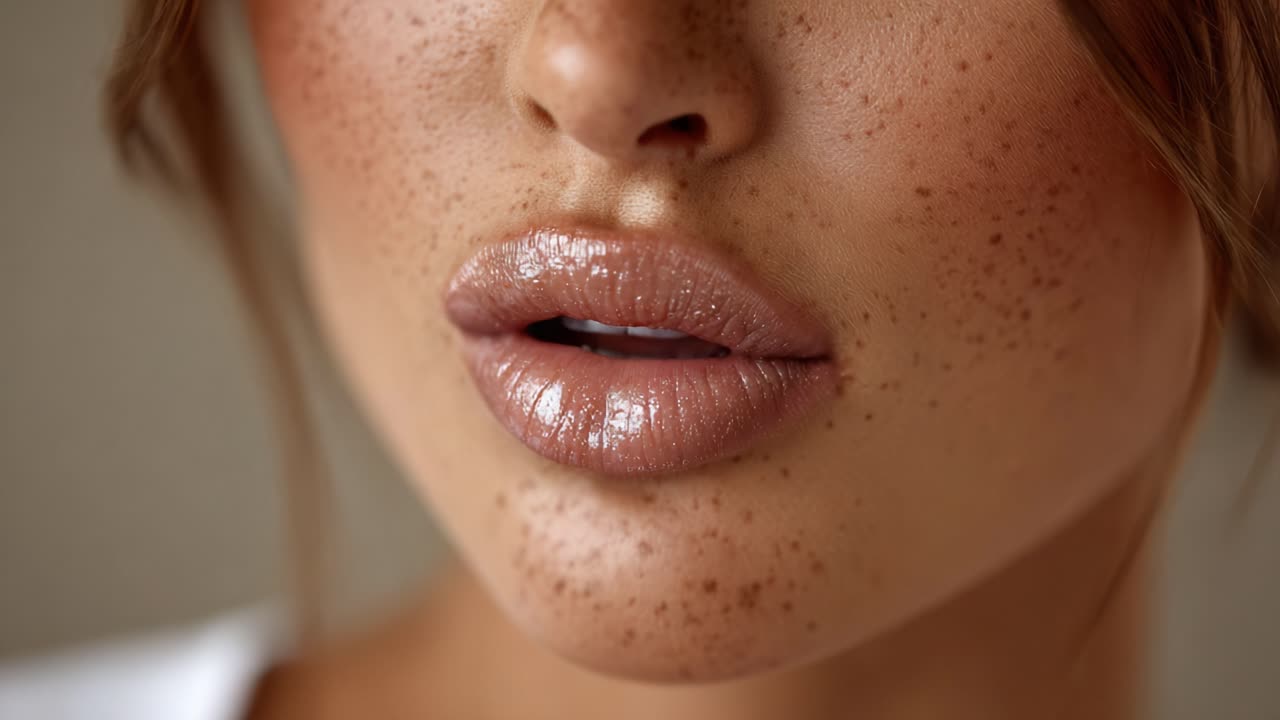 Close-up of a Beautiful Face Showcasing Glossy Lips and Freckles, Emphasizing Natural Beauty and Skin Texture in an Aesthetic Portrait Setting