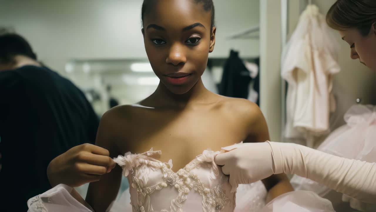 Professional dressers helping a ballerina to wear a beautiful, elegant and precious classical ballet dress, adjusting the bodice in the theater dressing room just before the show
