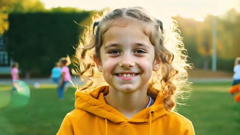 a little girl smiles happily while playing in the park