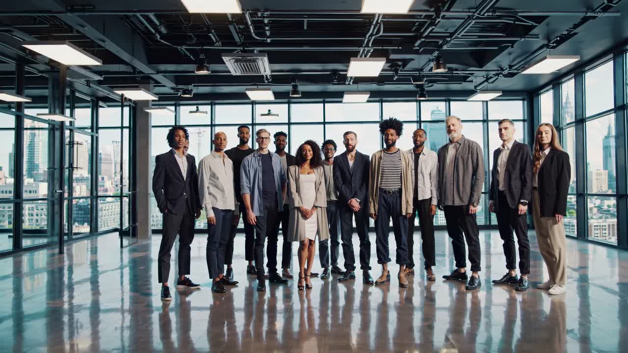 Group of diverse professionals in a modern office, captured from a low-angle