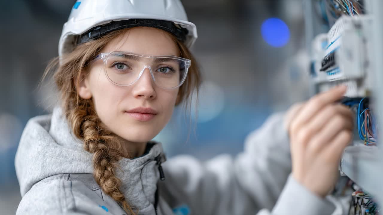 Focused Female Technician Inspecting Electrical Connections in a Modern Industrial Setting, Wearing Safety Gear and Concentrating on Her Work with Precision and Care
