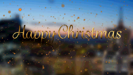 animation of happy christmas text with orange spots falling over cityscape background