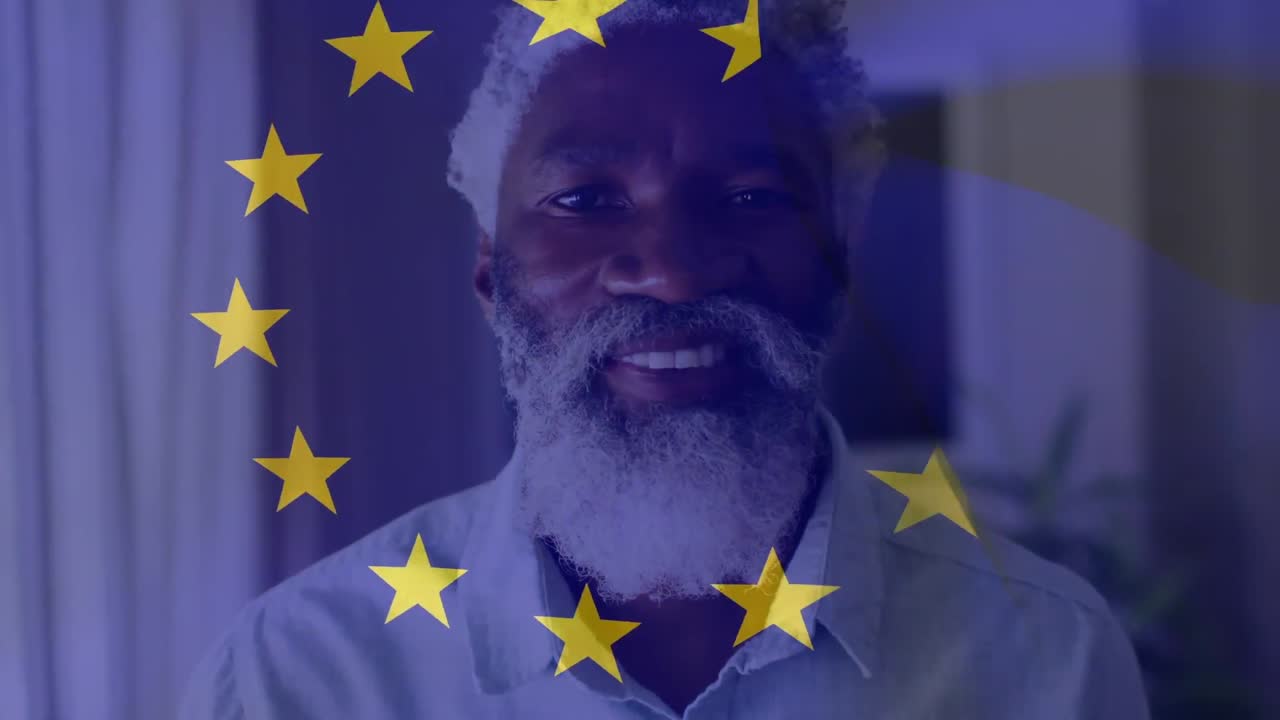 animación de la bandera de la ue sobre el hombre afroamericano mayor.