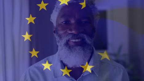 Animation-of-flag-of-eu-over-senior-african-american-man