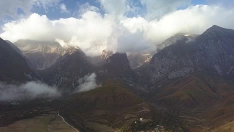 Fast-moving-clouds-in-the-Mountains-of-Albania-near-Permet-from-an-aerial-view-at-sunrise-in-Europe