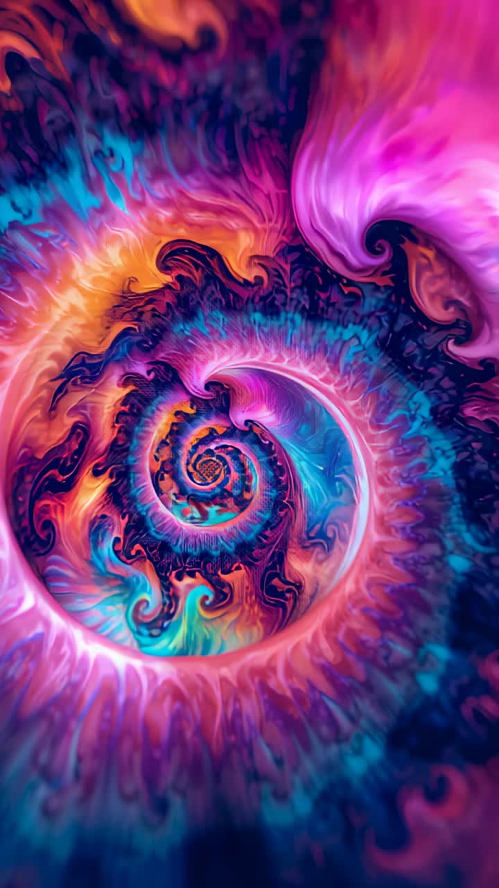 Vertical video: Zooming fractal spiral rotating, revealing nested arms and magenta glow onscreen