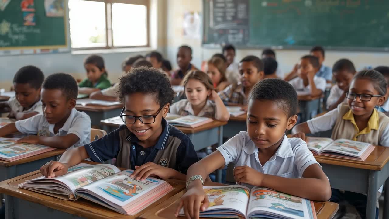 Ouvrez des livres d’images colorés à l’école, lecteurs en polo marine, chemise blanche tournant les pages sur les bureaux