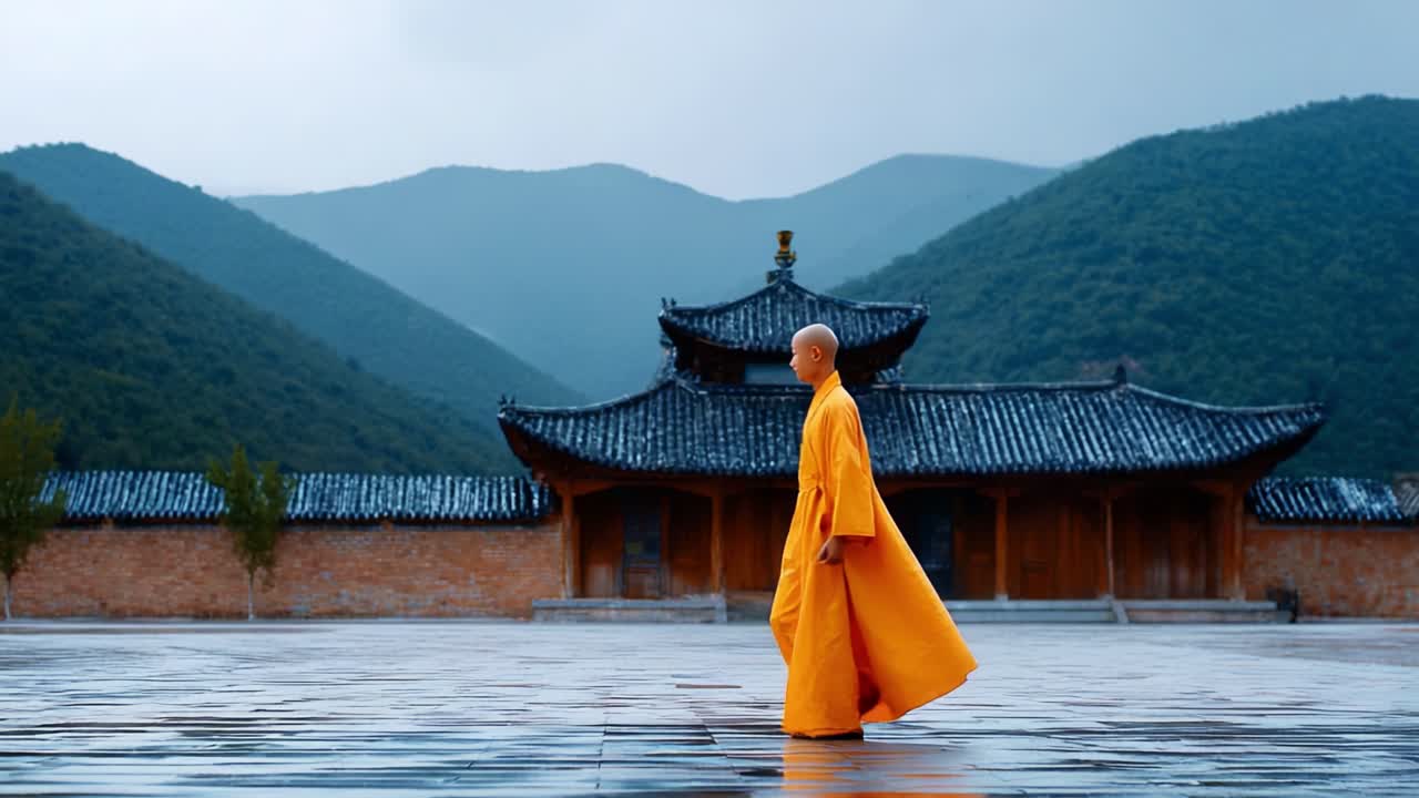 A solitary figure in a vibrant orange robe walks purposefully through an ancient courtyard, surrounded by tranquil mountains under a cloudy sky, embodying serenity and mindfulness