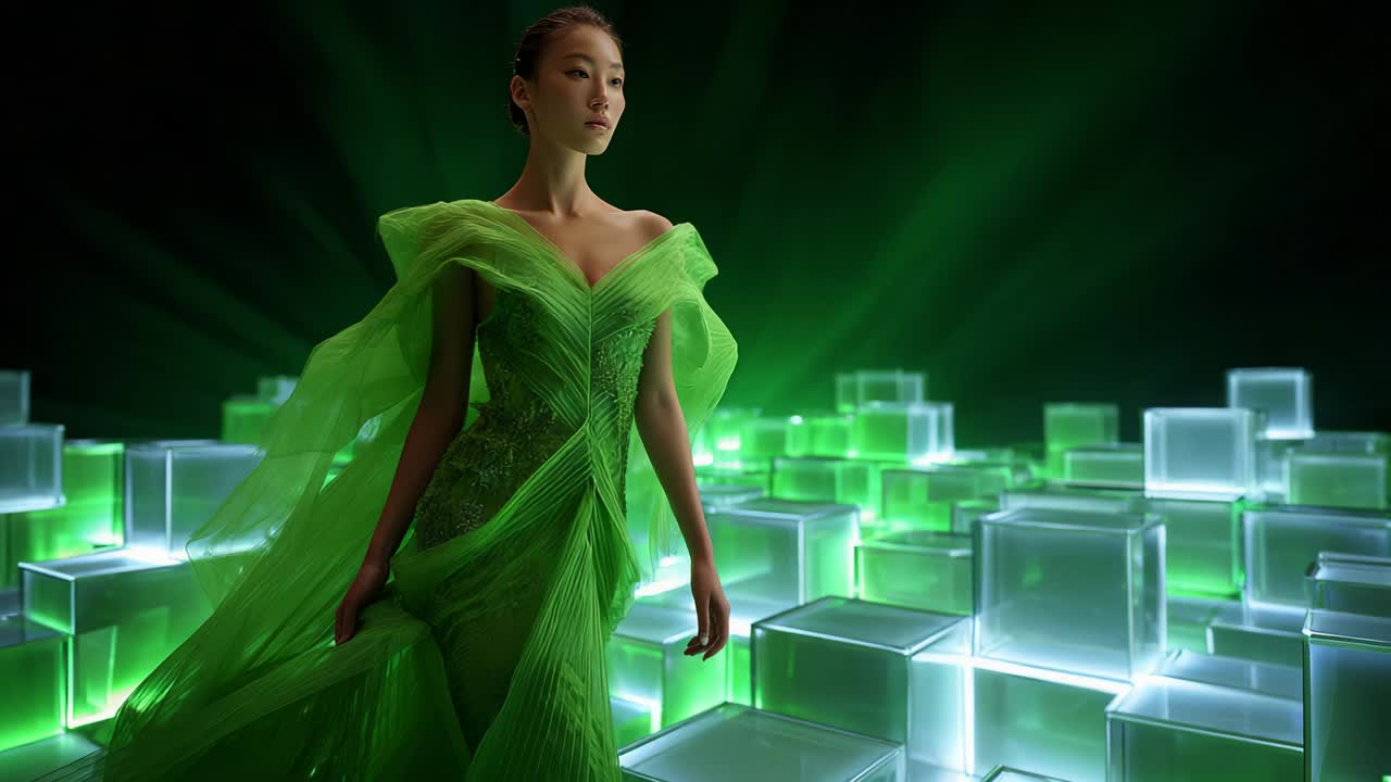 A captivating fashion moment showcasing an elegant model in a stunning green gown, surrounded by glowing translucent cubes, exhibiting a blend of modern style with ethereal beauty under dramatic lighting
