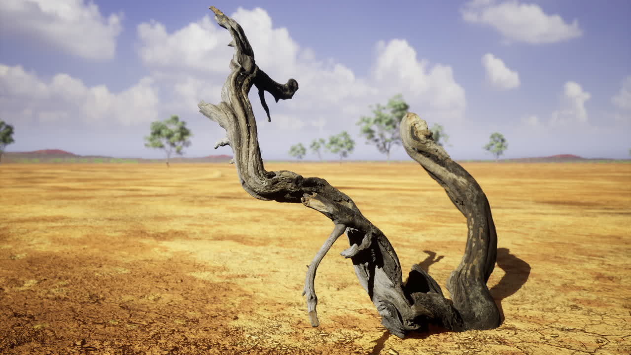 Dried tree branch in arid landscape under blue sky with clouds