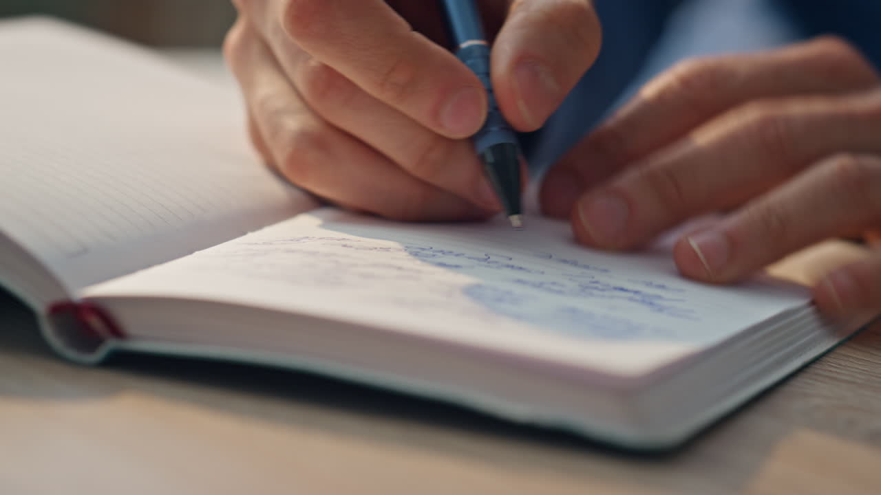 Creator fingers opening notebook table workplace close up. Author hands writing