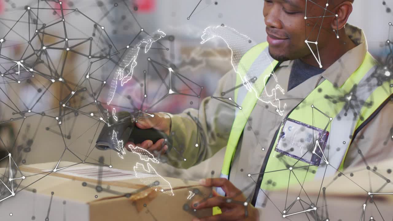 Warehouse worker scanning box label using barcode scanner for shipping while globe overlay rotating