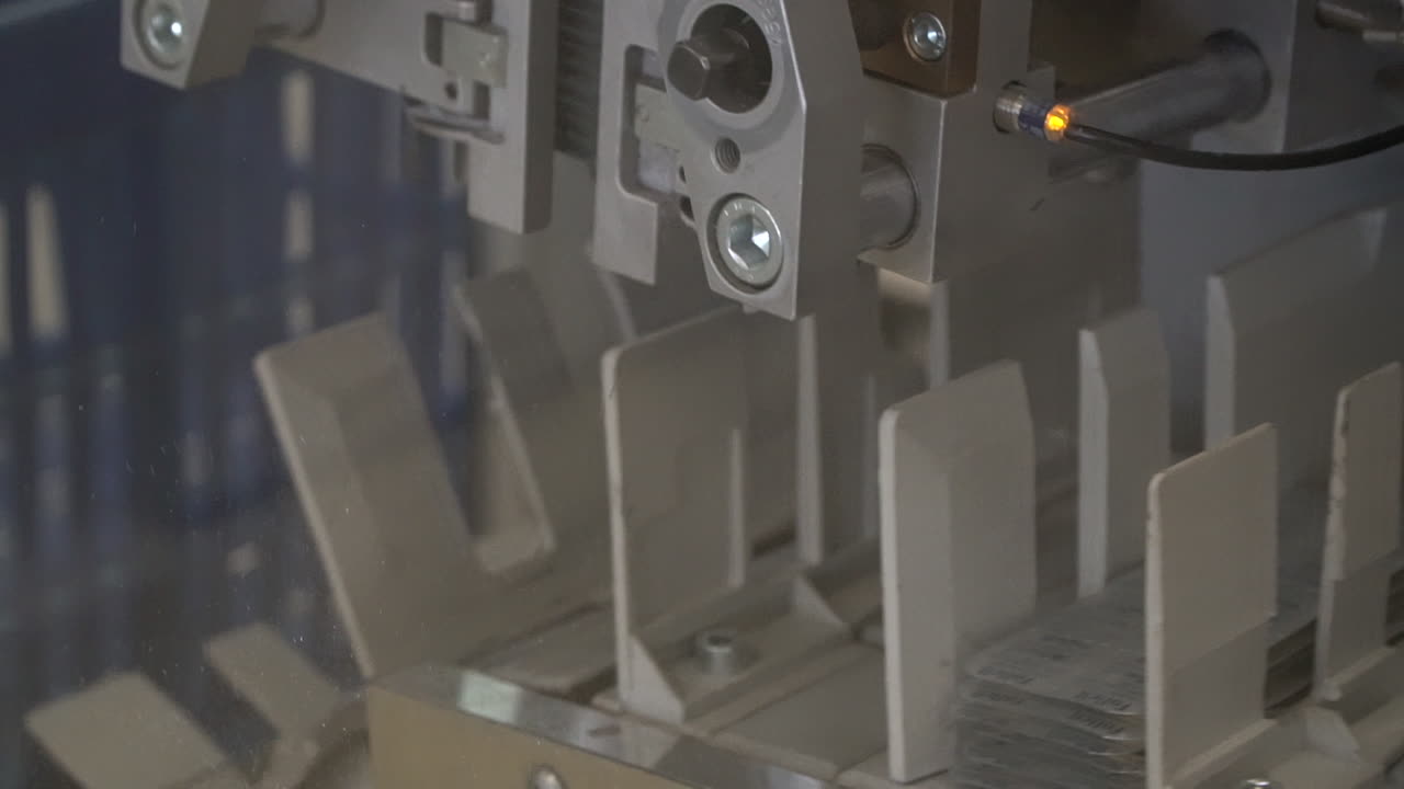 Swinging arm machine lowers packaged drug pills onto vertical slots, pan down