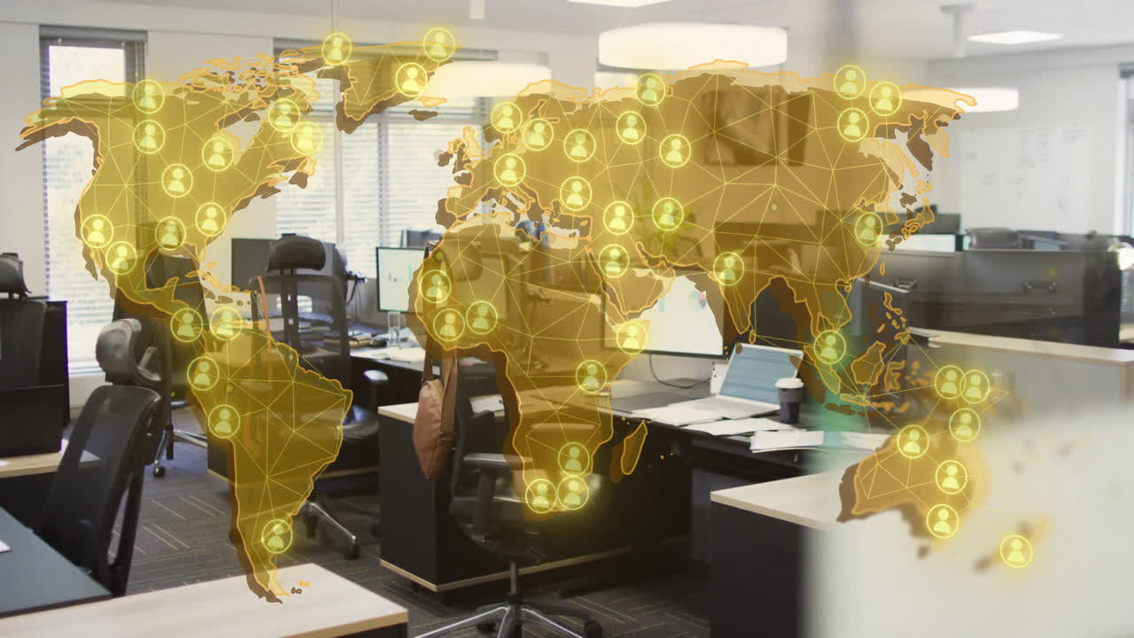 사람 아이콘과 디지털 데이터 처리를 통해 세계 지도의 애니메이션