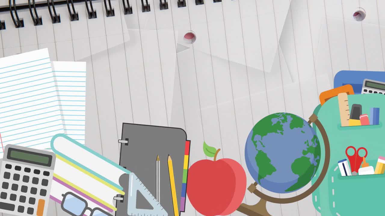 ⁇  줄로 된 종이 위에 여러 개의 학교 개념 아이콘