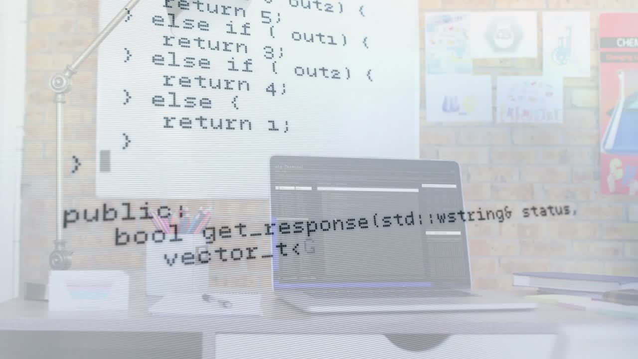 Closed laptop shot starting overlay scrolling through C++ HTTP and vector math handling response
