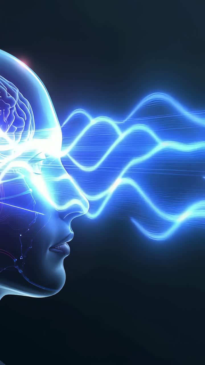 Vertical video: Head outline sparking neural waves showing activity on navy backdrop, copy space