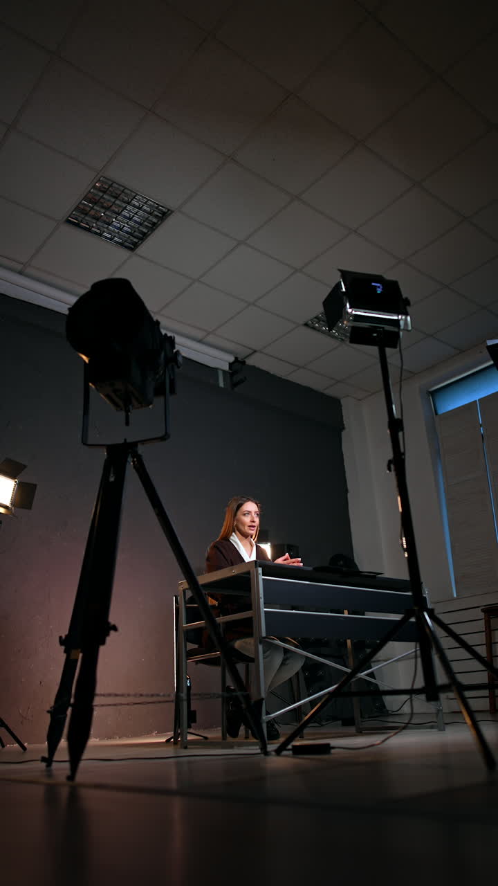 Brunette lady sitting at desk in photo studio. Low angle view at the soffits illuminating the reporter. Vertical video.