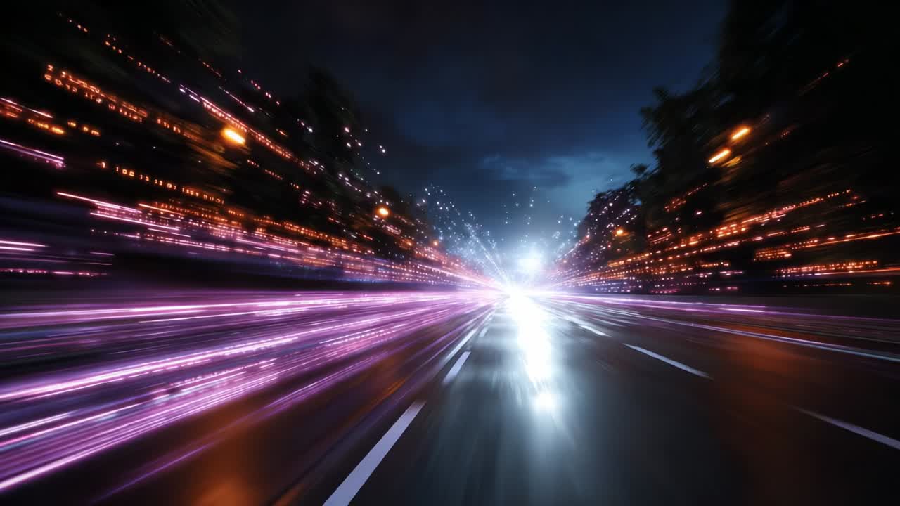 Capturing the Essence of Speed: A Dynamic Journey Through the Night, Showcasing the Blurred Lights and Motion of Urban Streets as Bright Trails Illuminate the Path Ahead in a Thrilling Visual Experience