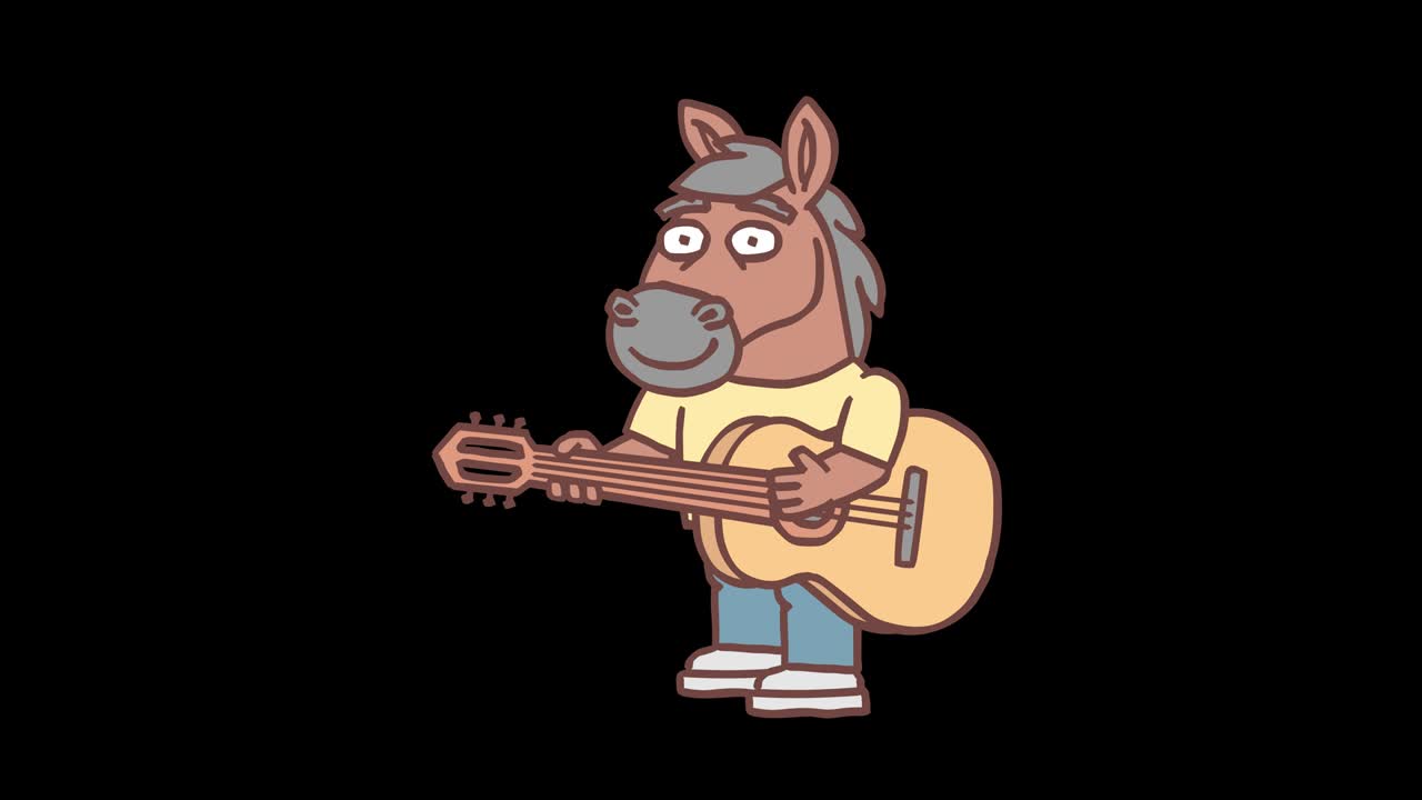 Horse character plays guitar and smiling. Frame by frame animation. Alpha channel